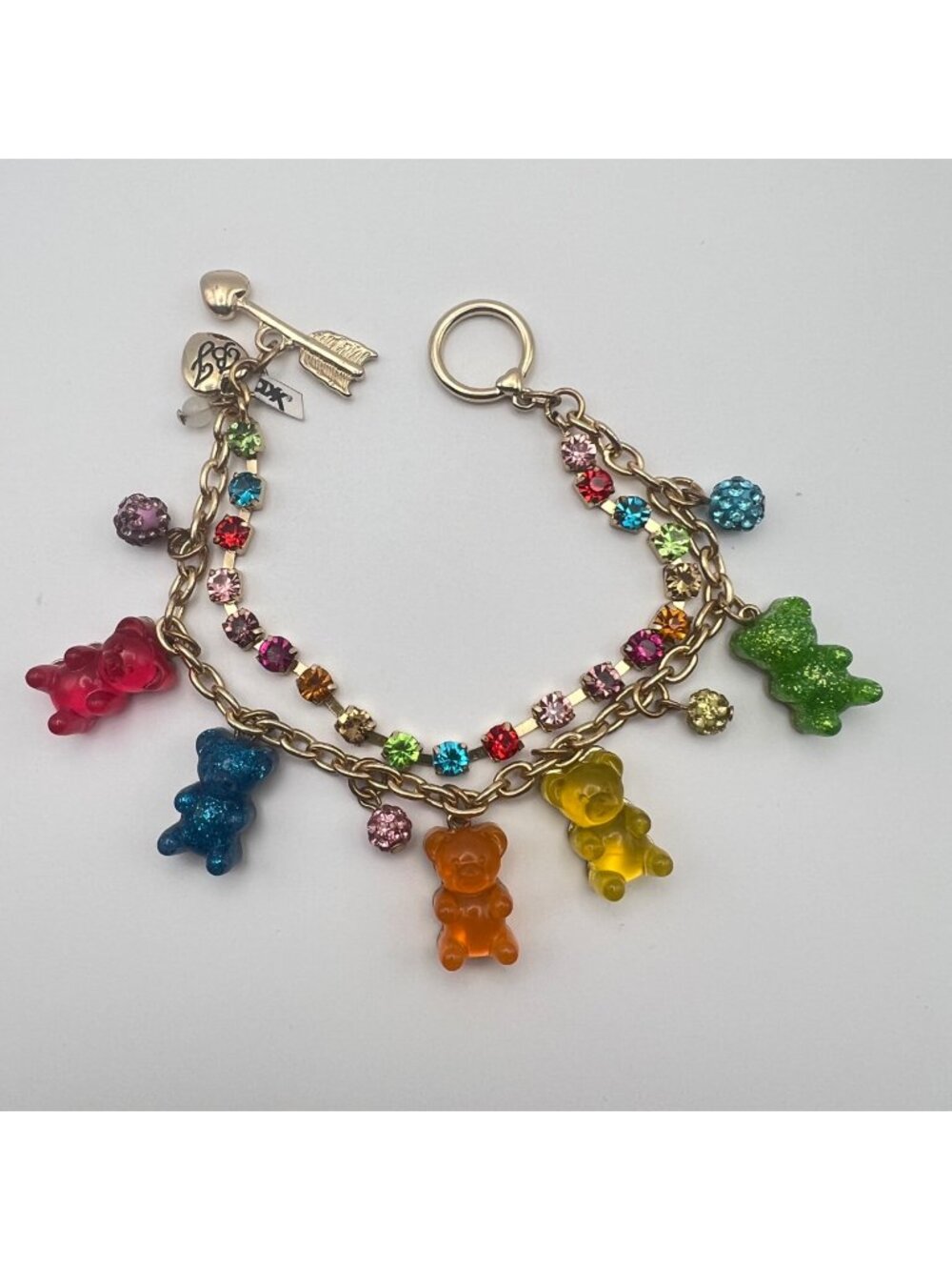 Betsey Johnson Rainbow Gummy Bear Charm Bracelet Rhinestones 8" Gold-Tone NWOT